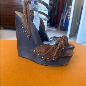 bebe Brown Suede Knot Platform Wedge Sandals